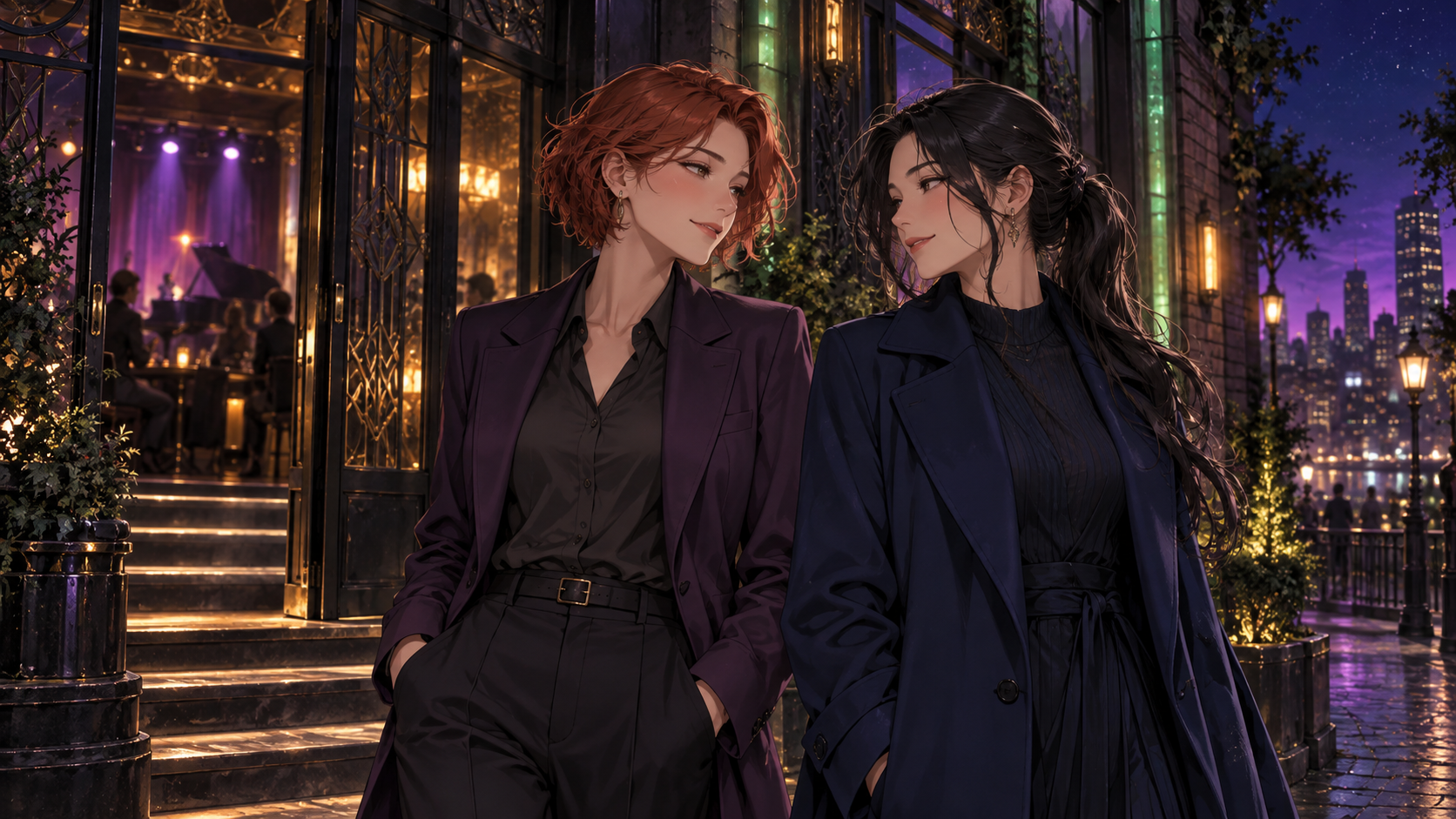 Two adult women in violet and blue jackets smile outside a music venue under purple and amber lights.