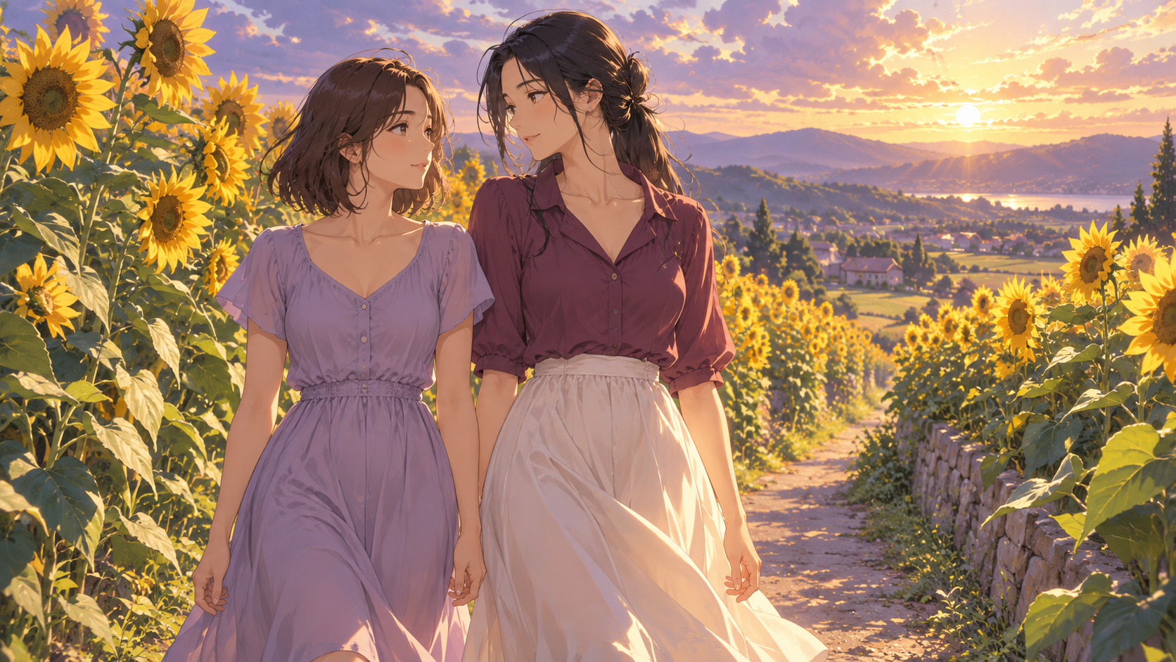 Two adult women in lavender and plum clothing walk along a sunflower-lined path in warm evening light.