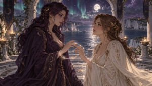 Two adult witches reach towards each other under moonlit stone arches above the sea.