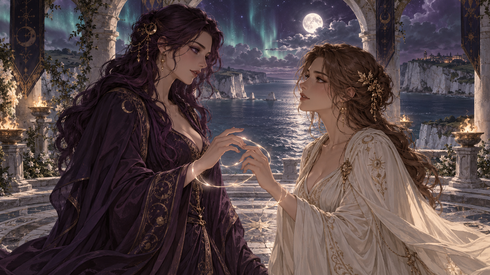 Two adult witches reach towards each other under moonlit stone arches above the sea.