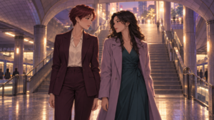 Two adult women in plum and lavender work clothes exchange a glance at a city railway station.