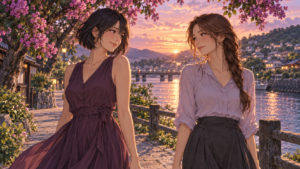 Two adult women in plum and lavender clothing smile at each other beside a river under flowering trees at sunset.