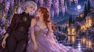 An adult vampire woman and an adult woman in a lavender dress smile beneath wisteria beside a moonlit pool.